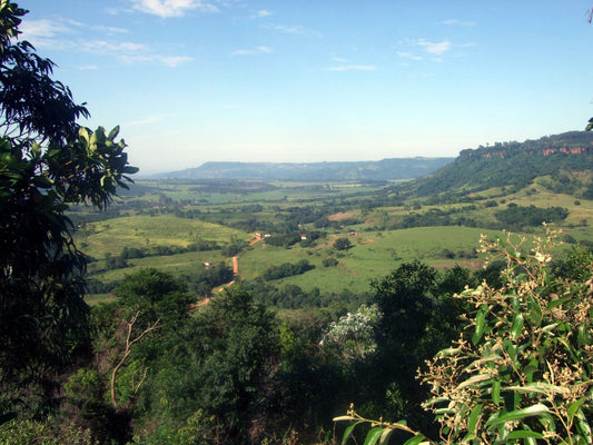 View of the Serra da Mantiqueira mountains in South Minas Gerais, Brazil, showcasing lush green hills, valleys, and coffee-growing landscapes.